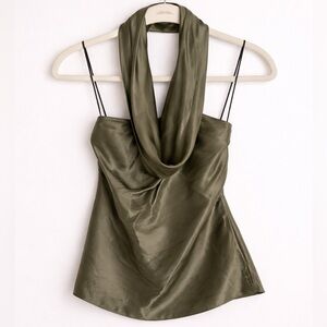 7 For All Mankind Olive Silk Cowl Neck Halter Top NWT Size S